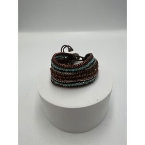 Boho Leather Wrap Bracelet Turquoise Copper Bronze Multi‎ Strand Beaded Cuff